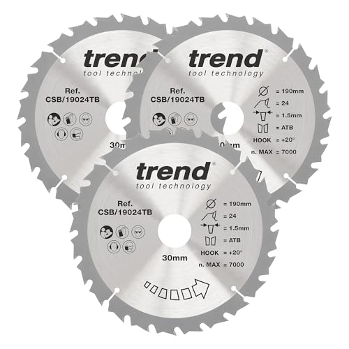 Trend Wood Cordless Circular Saw Blade, 190mm Diameter, 30mm Bore, 24 Teeth, 1.5mm Kerf, 20° Hook, TCT, Coarse Finish, 3 Pack, CSB/190/3PK/A
