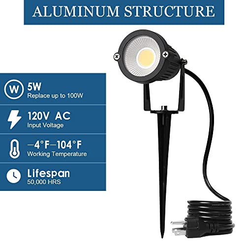 Eleglo 120V Led Landscape Lights, 5W Led Landscape Spotlight Outdoor For Flag Spotlight, Landscape Lighting Warm White Garden Decorative Lamp 6Ft Cord With Us 3 Prong (Base,Stake Included) #TOP3