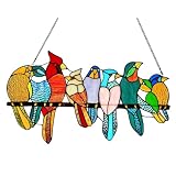 Lcensp Stained Glass Birds Window Hangings, 9 Multicolor Stained Glass Birds on Branch Suncatcher, Handmade Tiffany Style Bird Lovers Gifts Decor for Mother, Women.