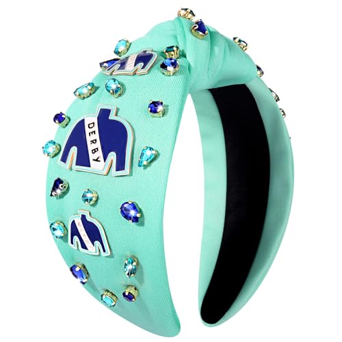 mokkia Kentucky Derby Women's Beaded Horseshoe Rhinestone Crystal Hairband Red Top Knot Hair Accessories (Ridding Suit A-Blue)