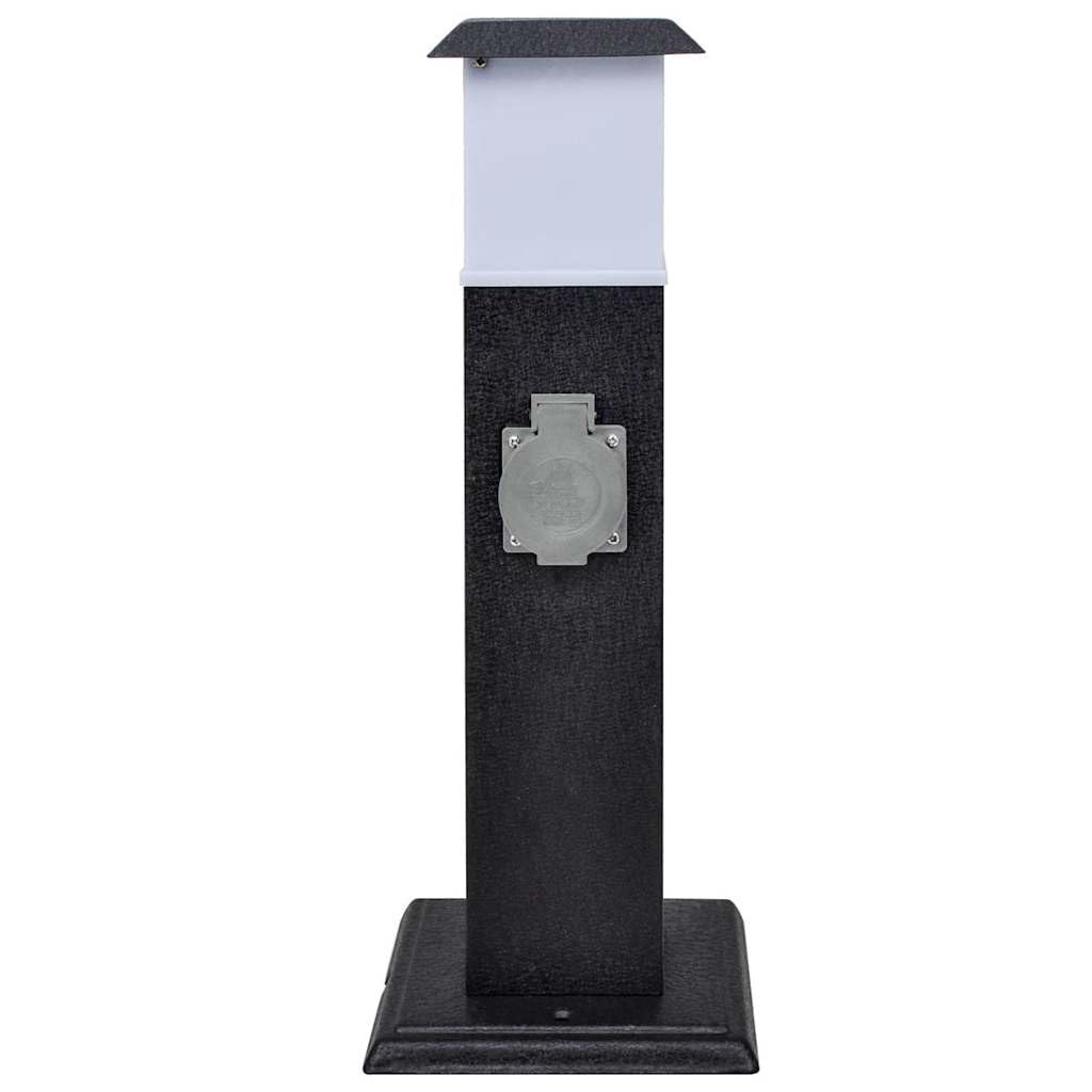 Regleta para jardín, torre negra con lámpara, chapa de hierro resistente a la intemperie, protección IP44, doble enchufe múltiple para exteriores, compacto, 15,5 x 15,5 x 40,5 cm, ideal para
