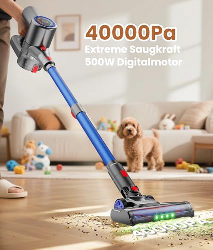 VersLife Akku Staubsauger 500W/45 Min/40kPa, Staubsauger Kabellos Selbstladender mit Smart LED-Display, Leichter Akkustaubsauger mit grünem Licht für Tierhaare/Hartböden/Teppiche/Auto