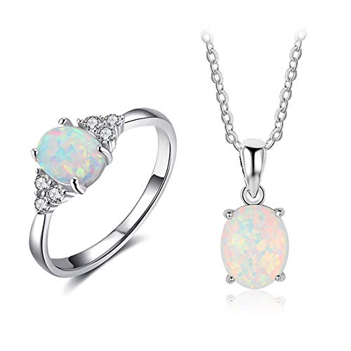 Tanduaji 925 Silber Damen Schmuckset Opal Anhänger Ringe,Ovale Form Oktober Geburtsstein Hochzeit Schmuck Valentinstag Geburtstag Geschenke Größe 52 (16.6)