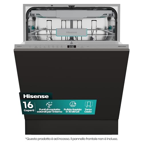 Hisense HV16C - Lavastoviglie Classe C, 16 coperti, terzo cesto, 43db, 6 programmi, partenza ritardata, total dry, incasso