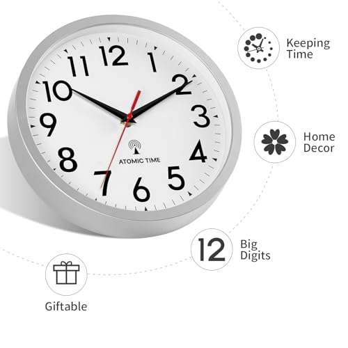 Image of DAXSMY Atomic Wall Clock Analog 10 Inch Battery Operated Modern Decorative for Living Room Kitchen Office Bedroom Bathroom(Silver)