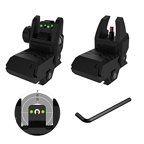 Bugleman Foldable Fiber Optics Iron Sights Flip-up Front and Rear Sights with Visible Red and Green Fiber Sights Polymer Black Back up Sight for Picatinny Weaver Rails