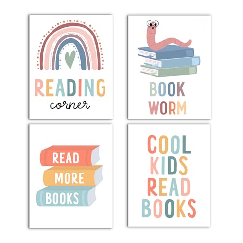 WUCHJ Read More Books Kids Wall Art Decor, Reading Corner Nook Room Decor, Boho Rainbow Bookworm...