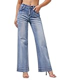 roswear Women's Wide Leg Jeans Casual High Waisted Stretchy Baggy Loose Long Trouser Jeans Light Blue Medium