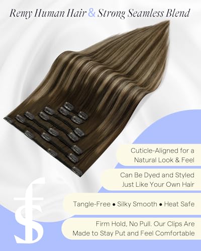 Image of Full Shine Balayage Clip in Hair Extensions, Medium Brown to Honey Blonde | Thick Human Hair Clip in Extensions, Invisible Weft Full Head Hair, 24 Inch 150g 7Pcs, Long Layered Styles, Dense Hair