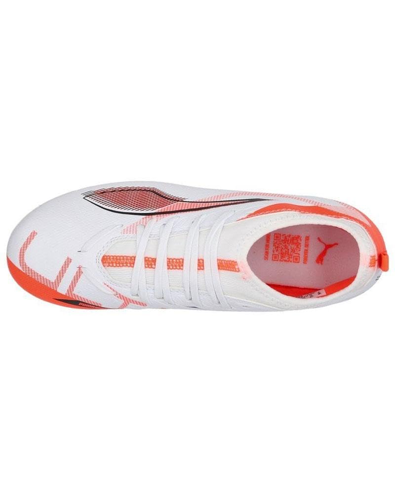 Puma - Ultra 5 Match MG JR, Zapatillas de fútbol Unisexo, Puma White-Puma Black-Glowing Red,