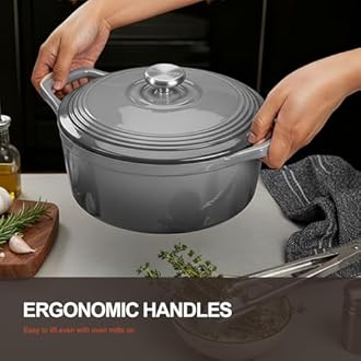 Overmont 26cm/5.2L Enamelled Cast Iron Round Casserole Pot With Lid Cookbook & Cotton Potholders - Non-stick Dutch Oven Cookware for Braising, Stews, Roasting, Bread Baking - Grey, 5.5QT