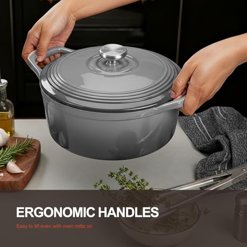 Image of Overmont Enameled Cast Iron Dutch Oven - 5.5QT Pot with Wide Handles Lid Cookbook & Cotton Potholders - Heavy-Duty Pre-Seasoned Cookware Oven Safe to 500F for Braising, Stews, Roasting, Sourdough Baking Grey