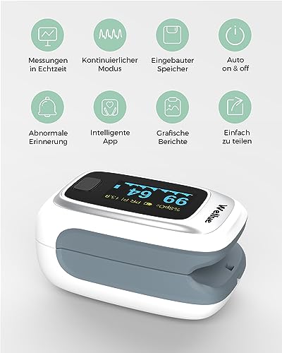 ViATOM Pulsoximeter, Bluetooth Oximeter für messung der sauerstoffsättigung im blut, O2 Pulsmessgerät finger mit OLED Display, Pulsoxymeter mit APP und Batterien für Erwachsene Kinder