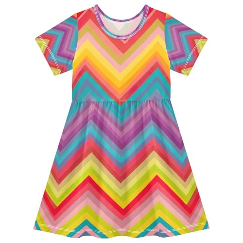 Toddler Girls Dress Rainbow Chevron Short Sleeve Summer Dress Soft Comfort Kids Casual Sundress, 2T