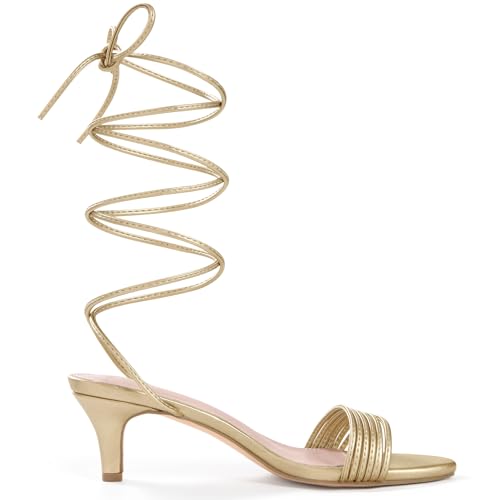 Allegra K Allegra K Women's Strappy Gold Lace Up Kitten Heels Sandals 6 M US