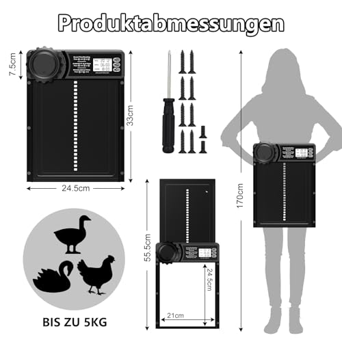 Aluminum Automatische Hühnerklappe Batterie, MASTERFUN Elektrische Hühnerklappe Automatisch Hühnertür mit Wasserdicht Großes Display, Timer, Manuelle, Intelligenter Einklemmschutz