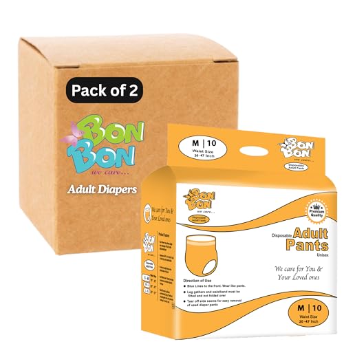 Image of BON BON Premium Unisex Adult Diaper Pant Style Medium (Pack Of 2)-20 Count-M-Ultra Leak-Guard With Absorption And Distribution Layer (Adl) And Multi-Strand Leg-Waist Size 20-47 Inch,50-119 Cm