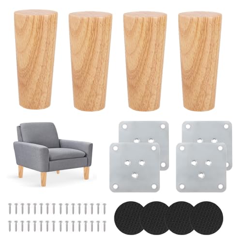 Kozdtiz Möbelfüße Holz 4 Stück 8 cm Möbelfüße Holz Eiche Mit montageplatten und Schrauben Massivholz Holzbeine für Möbel für Sofa Kommode Schrank Couchtisch Gerader Fuß