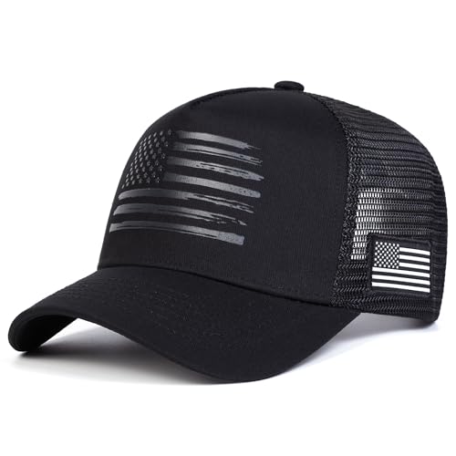 SPGRDER American Flag Trucker Hat, Breathable Mesh Snapback Baseball Cap for Men Women, USA Plain Adjustable Fit Hat for Casual Wear, Black