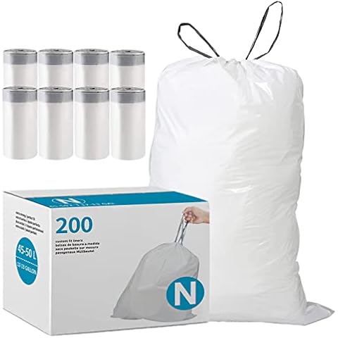 Code N (200 Count) 12-13 Gallon Heavy Duty Drawstring Trash Bags Compatible with simplehuman Code N | 1.2 Mil | White Drawstring Garbage Liners 12-13 Gallon/45-50 Liter Cover
