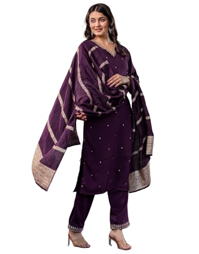 Image of SIRIL Women's Rayon Viscose Sequence Embroidered Straight Kurta Pant with Dupatta Set