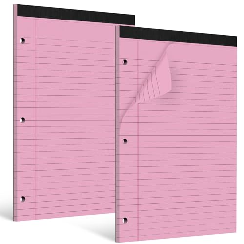 HAUTOCO 2 Pack 8.5 x 11 Legal Pads Pink Wide Ruled Notepads Perforated Writing Pads, 30 Sheets Per Notepad, 3-Hole Punched Paper, Writing Note Pads for School, Home, Office, Business