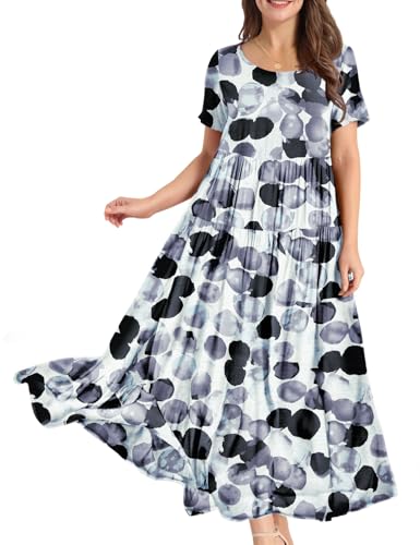 Image of YESNO Women Casual Loose Bohemian Floral Dress with Pockets Short Sleeve Long Maxi Summer Beach Swing Dress EJF