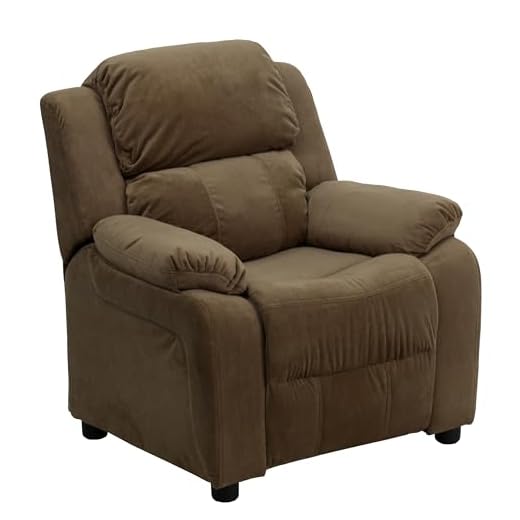 Deluxe Heavily Padded Contemporary Brown Microfiber Kids Recliner with Storage Arms