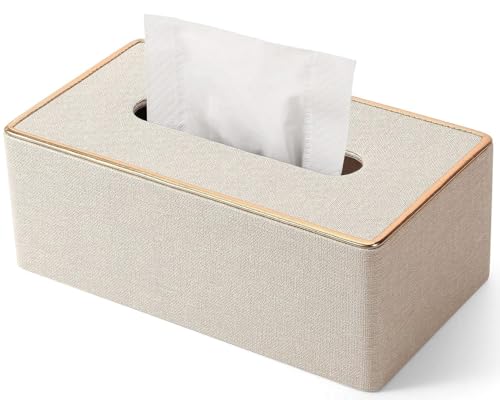 Tissue Box Cover Leather Tissue Box Holder for Office Home Car Hotel- Large Luxurious Paper Dispenser Case for Bathroom Bedroom Living Room (White)