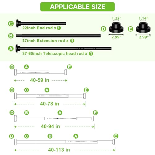 Image of Long Tension Curtain Rod 40-113inch Black Curtain Rods no Drilling Adjustable Tension Rod for Windows,bathroom,Patio,Doorway,Heavy Duty Spring Rods Diameter 1.26inch