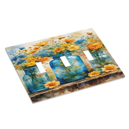 Decorative Switch Covers Plate Rustic Yellow Flowers Floral Blue Bottles 3 Gang Wall Plate Oversized Triple Toggle Light Switch Plate Jumbo Faceplate for Country Bedroom Home Decor