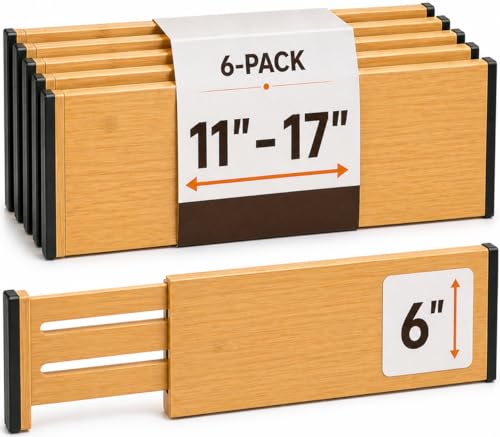6-Pack Drawer Dividers - 6 Inches High, Adjustable 11 to 17 Inches Bamboo Drawer Organizers, Large...