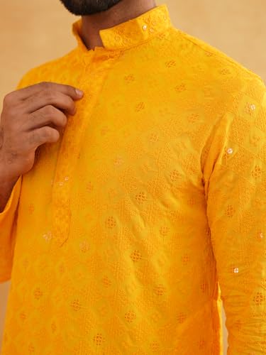 Image of SOJANYA (Since 1958 Men's Cotton Embroidered Sequinned Kurta with white Churidaar Pyjama