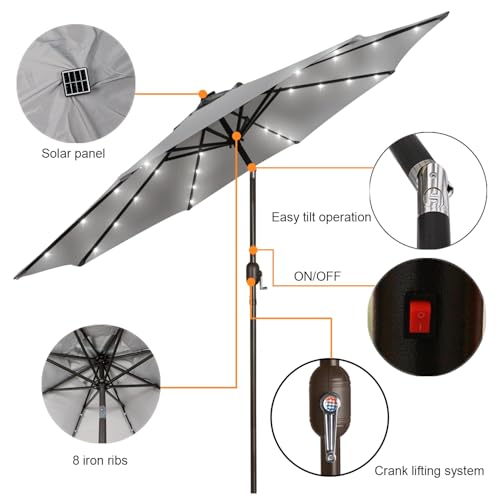 Image of Blissun 9 ft Solar Umbrella, Patio Umbrella with 32 LED Lights, Table Market Umbrella, Outdoor Umbrella for Garden, Deck, Backyard (Light Grey)