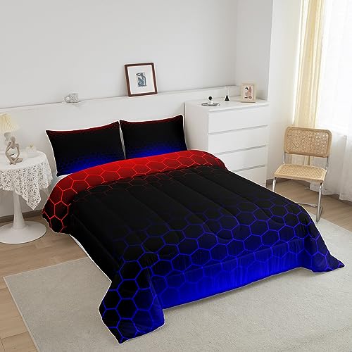 Image of Red Blue Ombre Hexagon Comforter Full Size, Honeycomb Bedding Set Geometrics Hexagon Comforter Set for Kids Boys Girls Abstract Red and Black Duvet Set Bed Set 3Pcs
