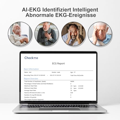 CheckMe ER1-LW 24 Stunden Langzeit EKG Gerät für Zuhause, AI-EKG Analyse EKG Monitor mit OLED-Bildschirm, EKG-Ereignismarker-Funktion, Kompatibel mit Allgemeine Elektrodenpads