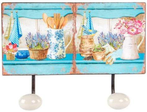 Porte manteau mural patère vintage bleu métal fleurs 23 cm pour cuisine et entrée