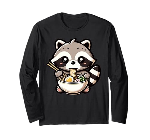 Divertida taza de fideos de anime japonés con mapache comiendo ramen Manga Larga