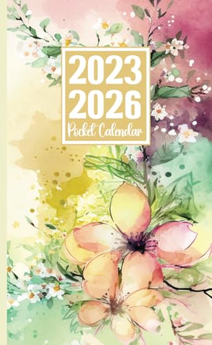 2023-2026 Pocket Calendar: 3 Year Monthly Planner for Purse from July 2023 up to June 2026 with Holidays, Watercolor Flower Cover.