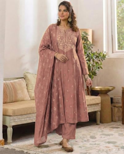 Image of ANNI Designer Women's Viscose Straight Printed Embroidery Kurta with Pant & Dupatta | Long Sleeve Ethnic Kurta Set for Women | Casual Office, Daily, Party Outfits