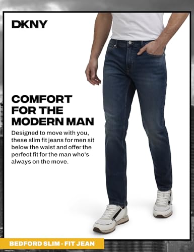 Image of DKNY Bedford Slim Fit Jeans for Men - Tapered Leg Stretch Denim Pants, Classic 5-Pocket Styling | Mens Slim Fit Jeans