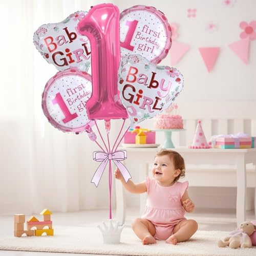 Image of Rozi Decoration Baby Girl 1st Birthday Balloon Set | Pink Number 1 Foil Balloon with Baby Girl Printed | First Birthday Party Decoration | Cute Combo for Kids Celebration