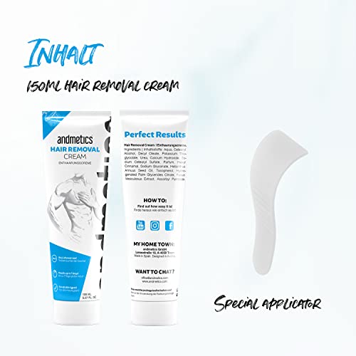 andmetics Haarentfernungscreme 2 in 1 für Herren | rasche und präzise Haarentfernung für Männer | 2 in 1 Anwendung nass und trocken anwendbar | 150 ml Tube mit Abziehspachtel | keine Schnitte mehr - Image 6
