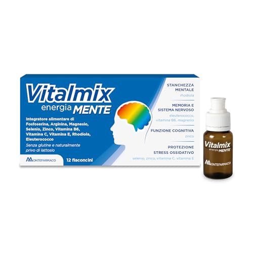 Vitalmix Mente, Integratore Alimentare Energizzante in caso di Stanchezza Fisica e Mentale - Energia Mentale e Memoria - 12 Flaconi Monodose, Senza Lattosio e Senza Glutine