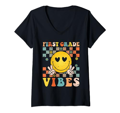 Erste Klasse Vibes Retro Lehrer Schüler Lächeln Gesicht sein/sie T-Shirt mit V-Ausschnitt