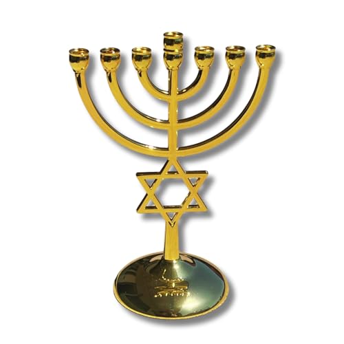 3 Arches USA 7 Branch Star of David Menorah Candle Holder - Gold-Silver Plated Jewish Ornament for Shabbat, Hanukkah & Tabernacle - Home Decor (Gold)