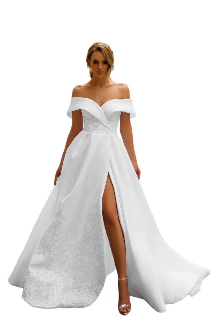 Buy Elegant Off Shoulder Lace Wedding Dresses for Bride 2022 Satin Long