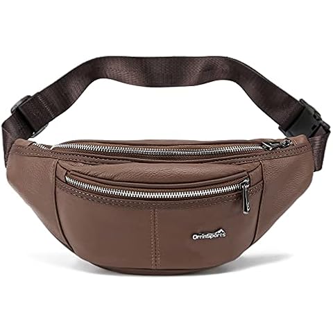 OrrinSports Brown Fanny Pack for Women Genuine Leather Multiple Pockets Metal Zippers Waist Bag for Travel Hiking Cycling Fishing Running Cover