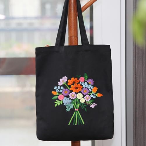 Image of Eforcase Canvas Handbag Embroidery Kit, Flower Embroidery DIY Craft Floral Tote Bag Beginner Kit Include Hoops Color Threads Needle, DIY Sewing Stamped Set