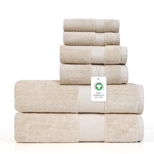 Farm to Home 100% Organic Cotton Bath Towel Set of 6 GOTS Certified & Oeko-TEX Made in Green 630 GSM Bathroom Towel Set Soft Ultra Absorbent 2 Bath Towels 2 Hand Towels & 2 Washcloths - Sand